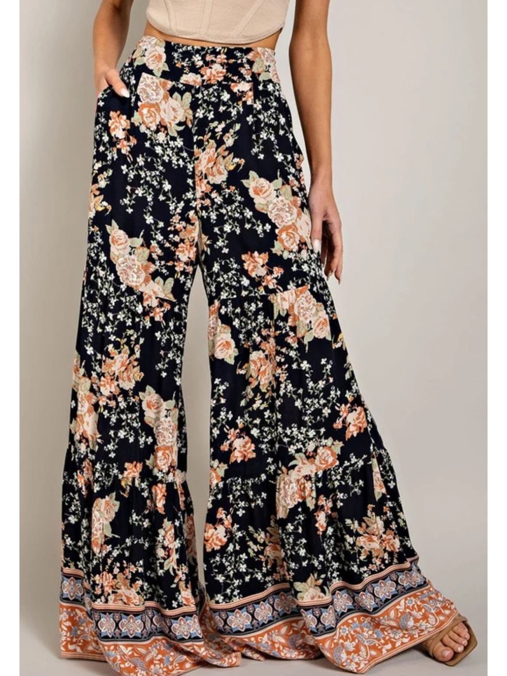 eesome Navy Wide-Leg Floral Palazzo Pants with Peach Accents